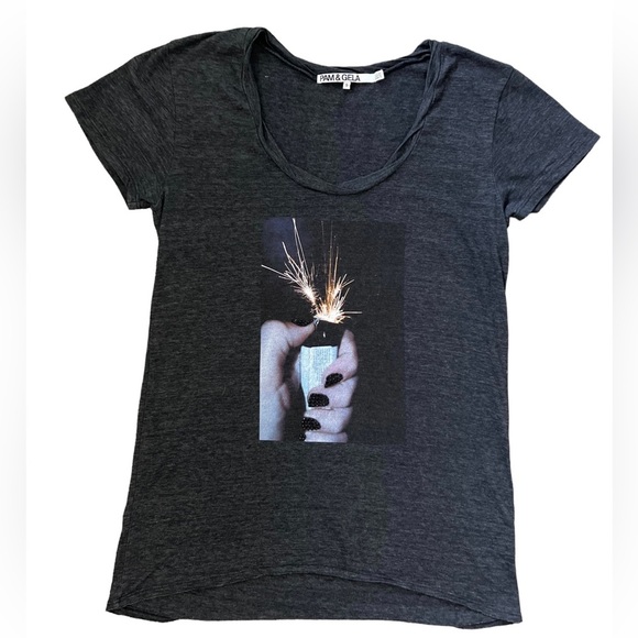 PAM & GELA Made in USA Lighter Graphic T-Shirt Short Sleeve Gray Size Small - Picture 1 of 8